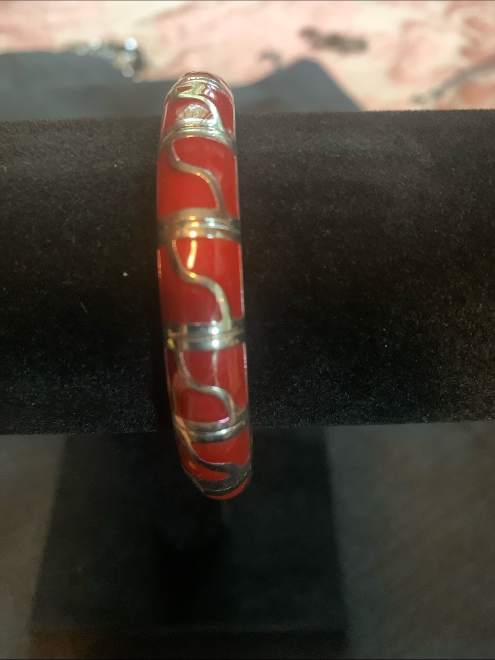 Vintage Jui Long Ching Red Enamel Silver-Tone Bangle Bracelet - Women Jewelry